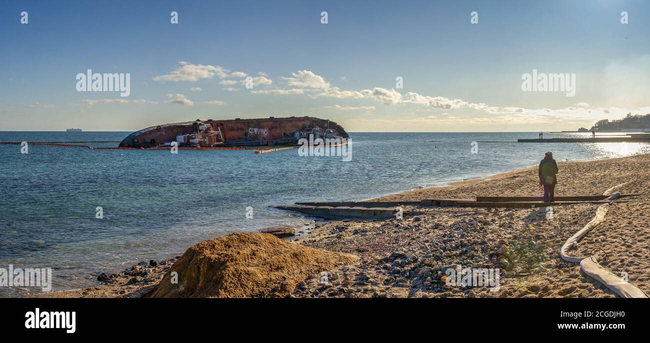 Odessa, Ukraine 12.04.2019. The wreck of a small tanker `DELFI` off the coast of Odessa on a sunny winter day Stock Photo
